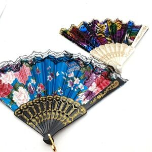 Lot of 2 Vintage Hand Fans Decorative Floral